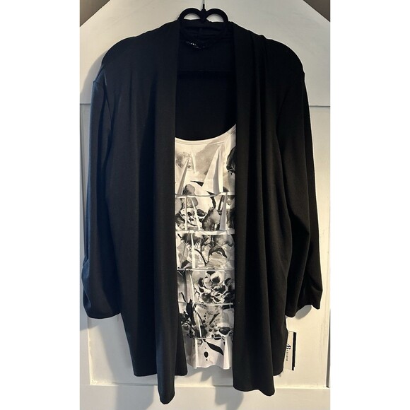 AB Studio 2 In 1 Cardigan Scoop Neck Blouse 3/4 Sleeve Black White Pullover XL - Picture 1 of 4